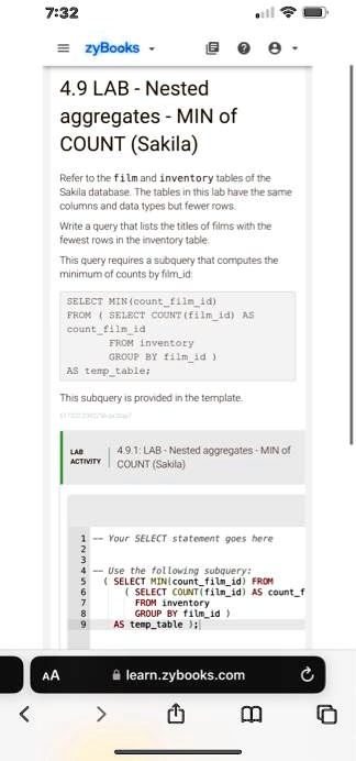 SOLVED: Texts: 7:32 zyBooks ? : 4.9 LAB - Nested Aggregates - MIN of ...