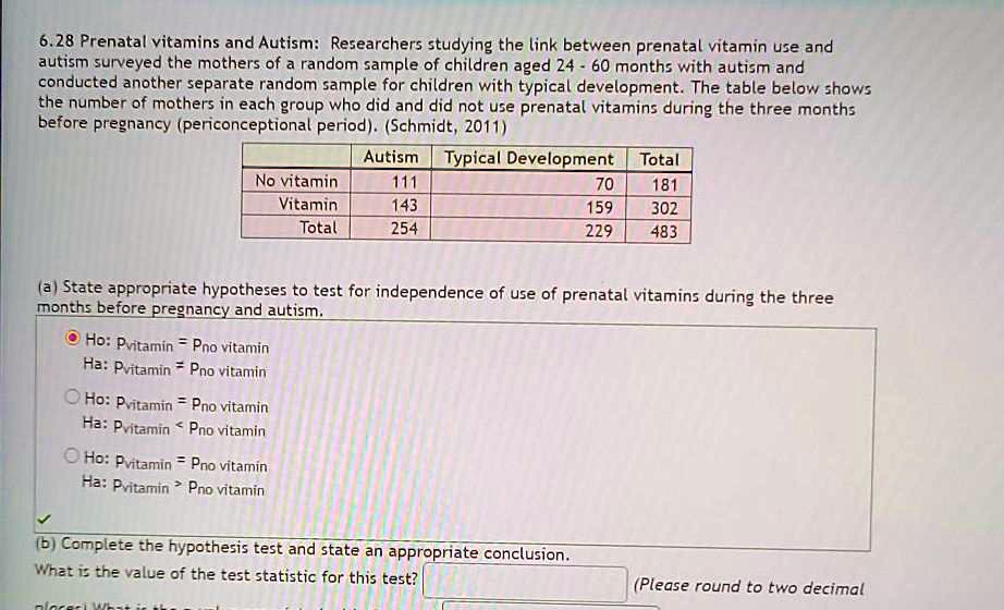 SOLVED6.28 Prenatal vitamins and Autism Researchers studying the link