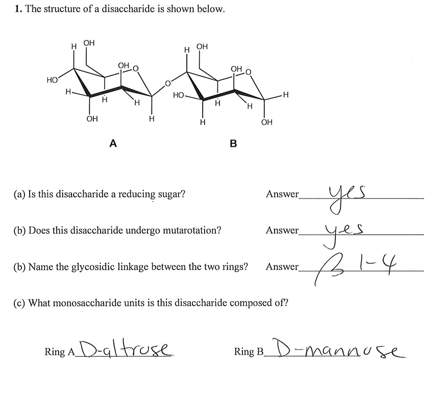 1. The structure of a disaccharide is shown below.
OH
H
OH
H
OHO
OH
HO
H
HO
H
H
H
H
H
OH
H
H
OH
A
B
(a) Is this disaccharide a reducing sugar?
Answer yes
(b) Does this disaccharide undergo mutarotation?
Answer yes
(b) Name the glycosidic linkage between the two rings?
Answer β1-4
(c) What monosaccharide units is this disaccharide composed of?
Ring A D-altruse
Ring B D-mannose