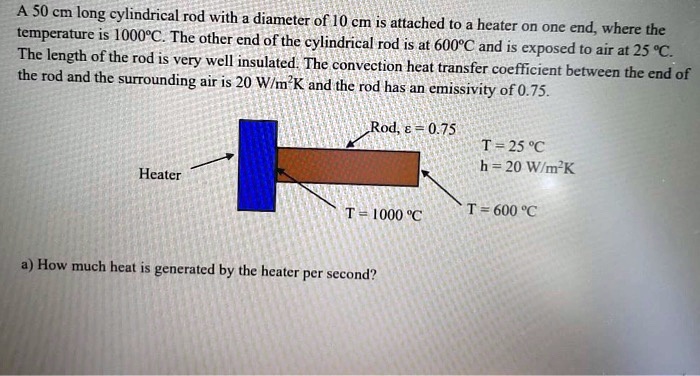 A 50 cm long cylindrical rod with a diameter of 10 cm is attached to a heater on one end, where the temperature is 1000°C. The other end of the cylindrical rod is at 600°C and is exposed to air at 25 °C. The length of the rod is very well insulated. The convection heat transfer coefficient between the end of the rod and the surrounding air is 20 W/m²K and the rod has an emissivity of 0.75.
Heater
Rod, ? = 0.75
T = 1000 °C
T = 25 °C
h = 20 W/m²K
T = 600 °C
a) How much heat is generated by the heater per second?