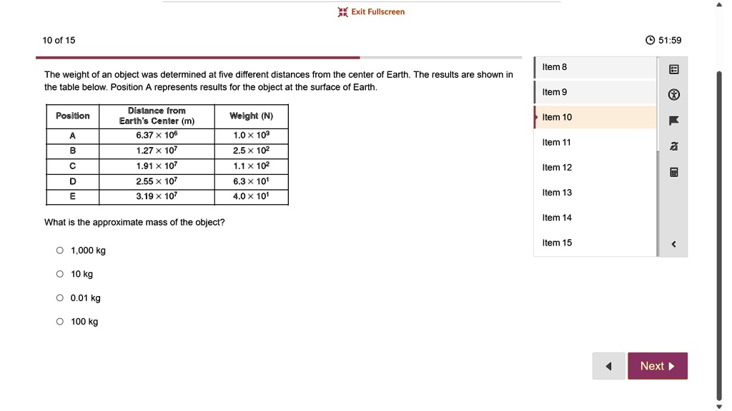 exit fullscreen 10 of 15 5159 the weight of an object was determined at five different distances from the center of earth the results are shown in the table below position a represents resul 48729