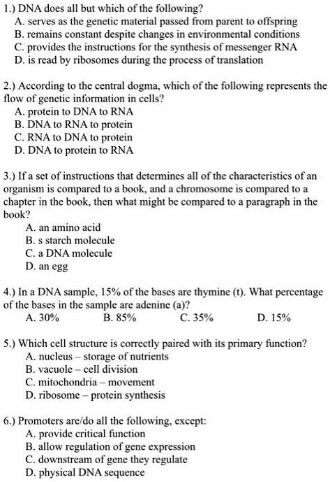 Solved:1.) Dna Does All But Which Of The Following? Serves As The Genetic ,  Material Passed From Parent To Offspring Remains Constant Despite Changes  In Environmental Conditions C: Provides The Instructions For Solved:1.) Dna Does All But Which Of The Following? Serves As The Genetic ,  Material Passed From Parent To Offspring Remains Constant Despite Changes  In Environmental Conditions C: Provides The Instructions For