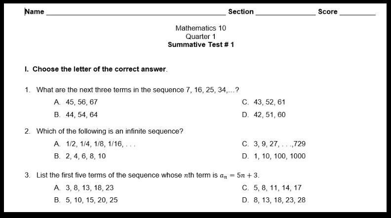 Name Section Score Mathematics 10 Quarter 1 Summative Test # 1 I ...