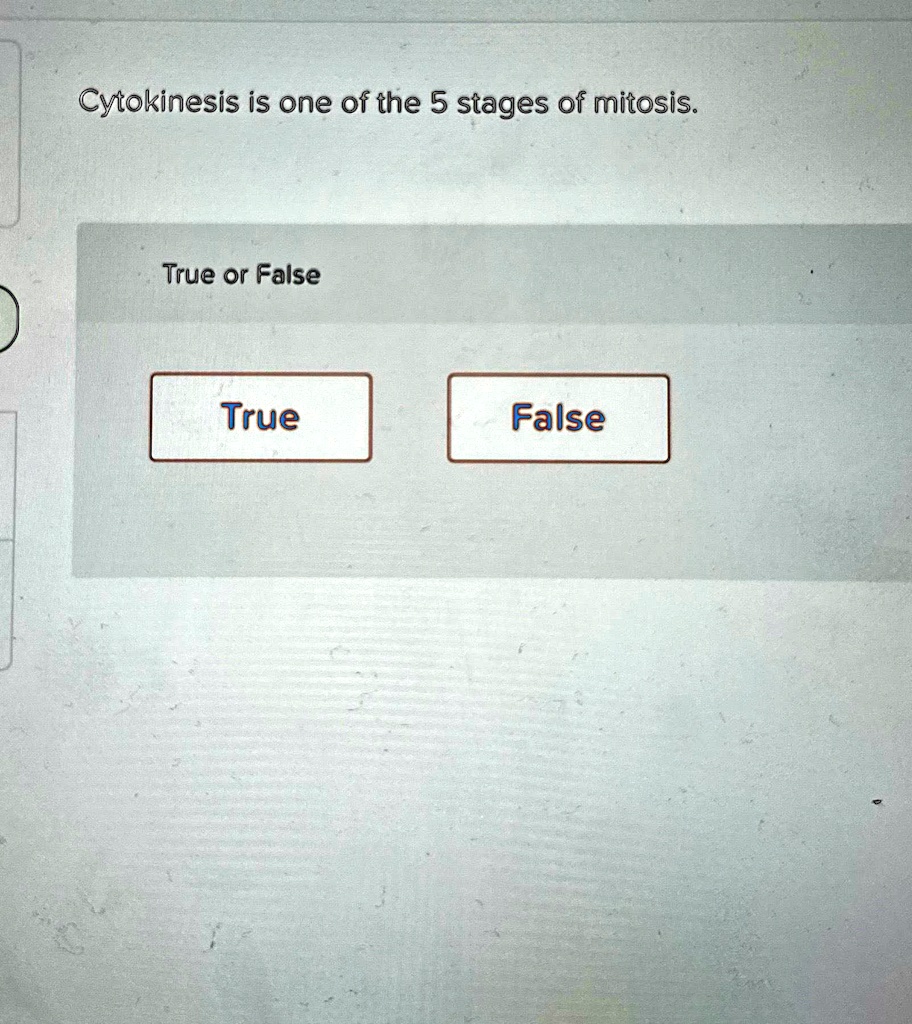 SOLVED: Cytokinesis is one of the 5 stages of mitosis. True or False ...