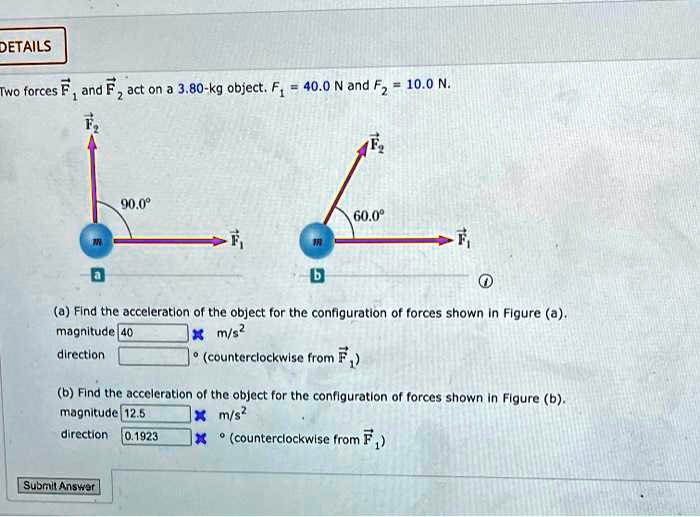 Solved Two Forces F1 And F2 Act On A 3 80 Kg Object F1 40 0 N And