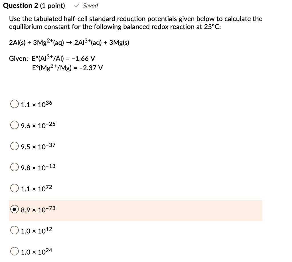 Solved Question 2 1 Point Saved Use The Tabulated Half Cell Standard