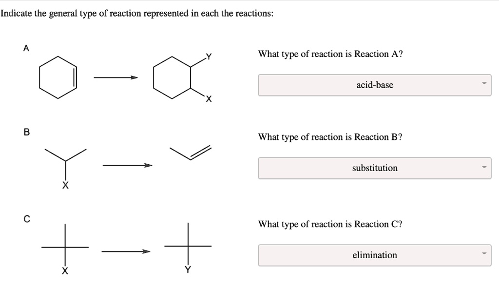 SOLVED: Indicate the general type of reaction represented in each the ...