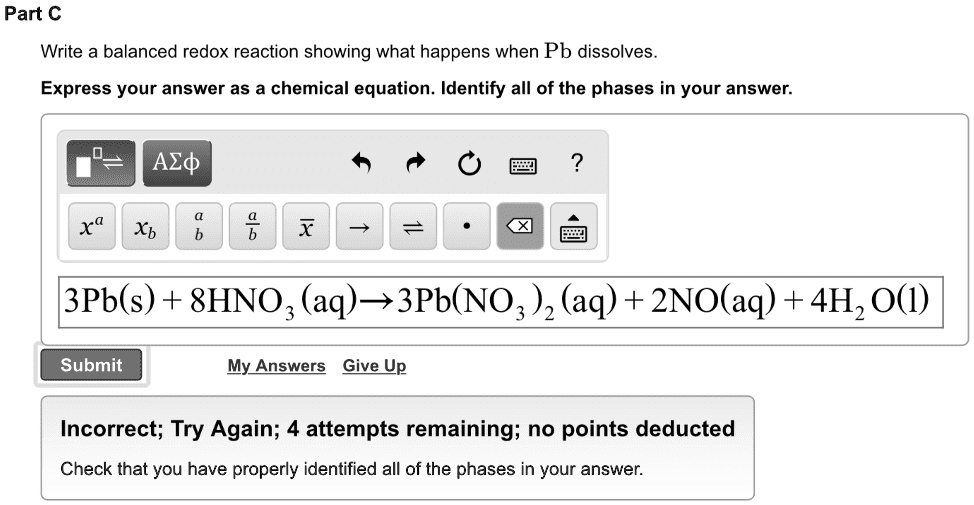 SOLVED ' Write a balanced redox reaction showing what happens when Pb