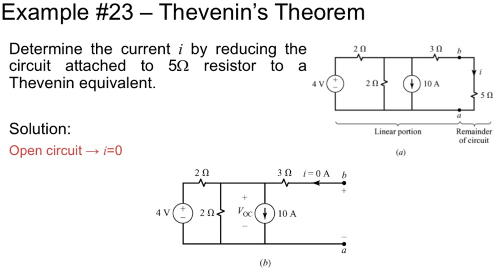 example 23 thevenins theorem determine the current i by reducing the circuit attached to 5omega resistor to a thevenin equivalent solution open circuit i0 example 23 thevenins theorem determ 35663