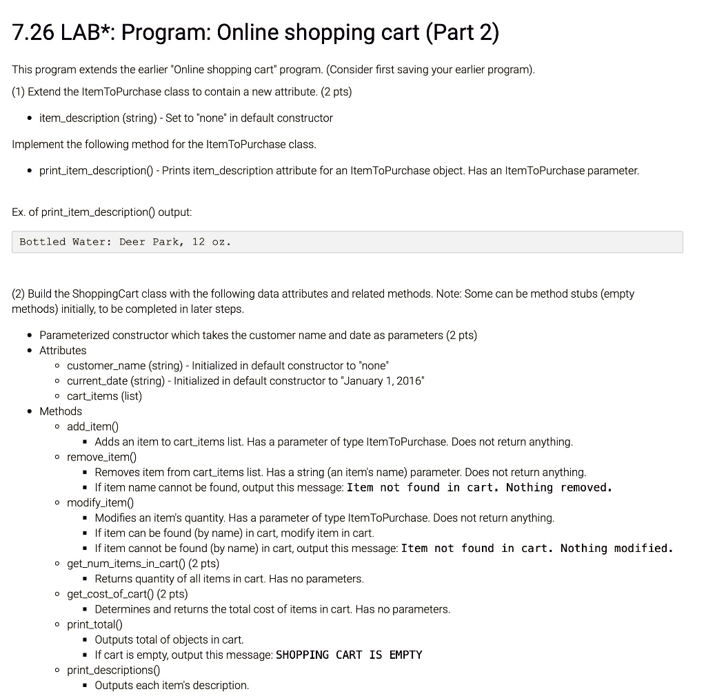 in python please 726 lab program online shopping cart part 2 this ...