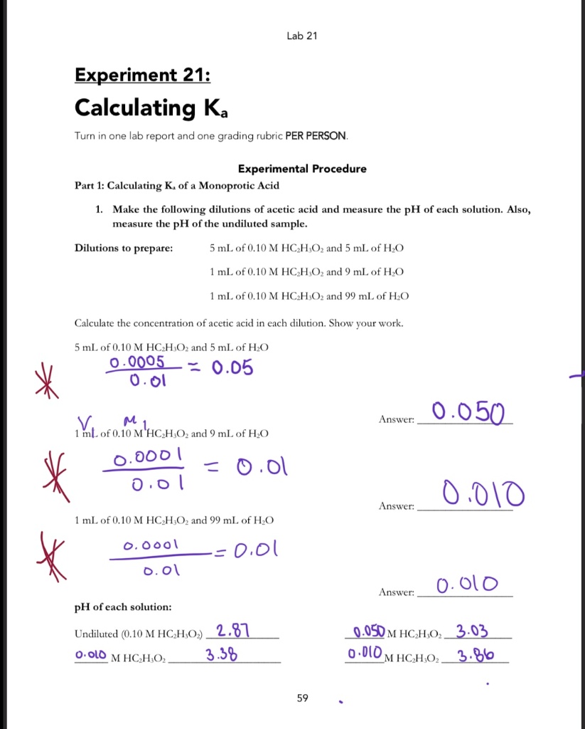 SOLVED Lab 21 Experiment 21 Calculating Ka Turn in one lab report and