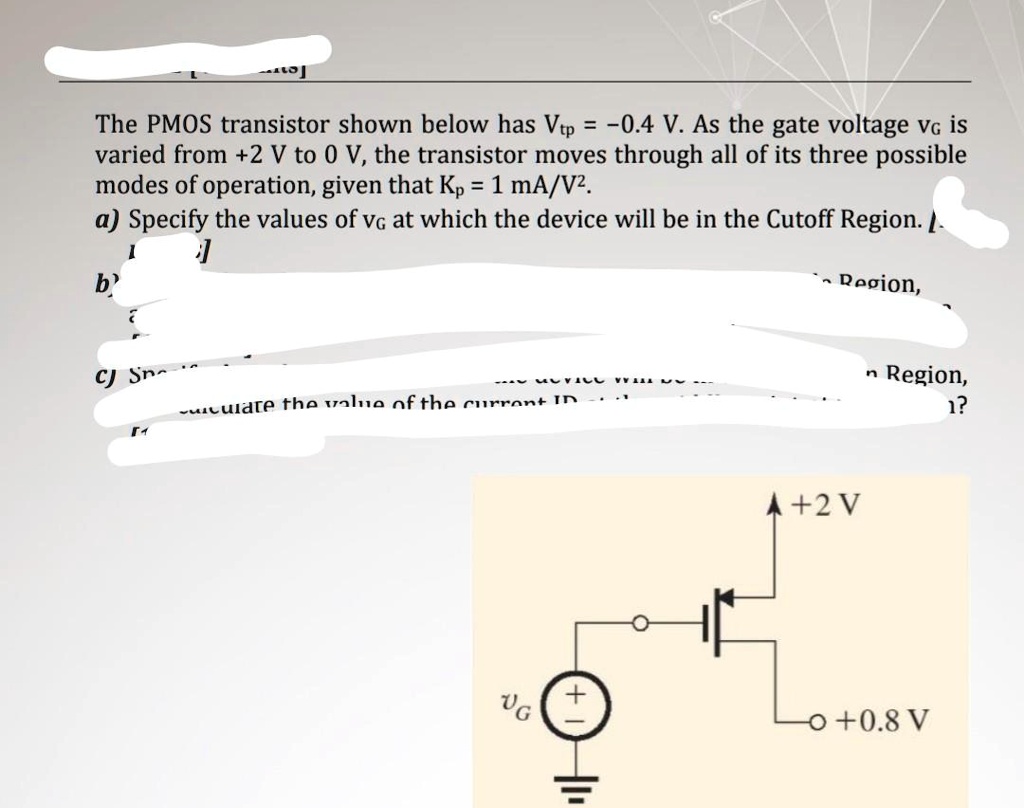 SOLVED: The PMOS transistor shown below has Vtp = -0.44 V. As the gate ...