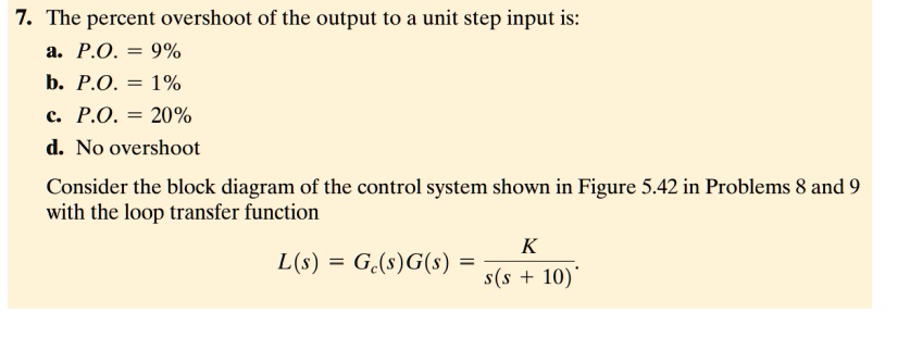 SOLVED: 7. The percent overshoot of the output to a unit step input is ...