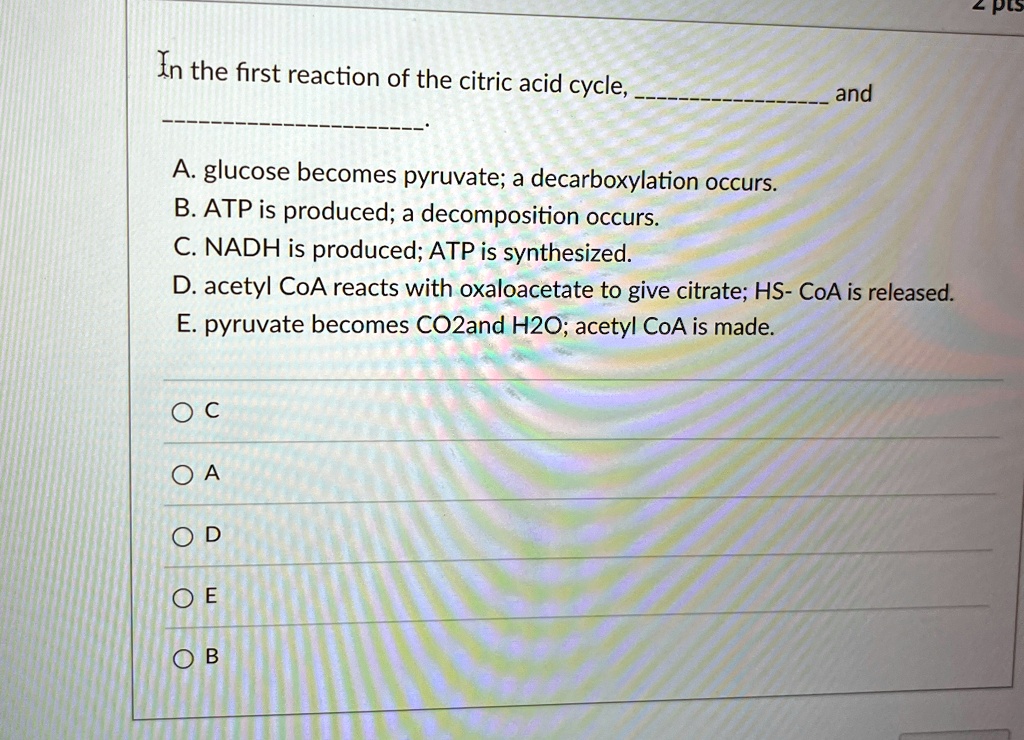 In the first reaction of the citric acid cycle, and A. glucose becomes ...