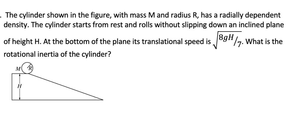 The cylinder shown in the figure, with mass M and radius R, has a radially dependent density. The cylinder starts from rest and rolls without slipping down an inclined plane of height H. At the bottom of the plane its translational speed is sqrt8gH/7. What is the rotational inertia of the cylinder?