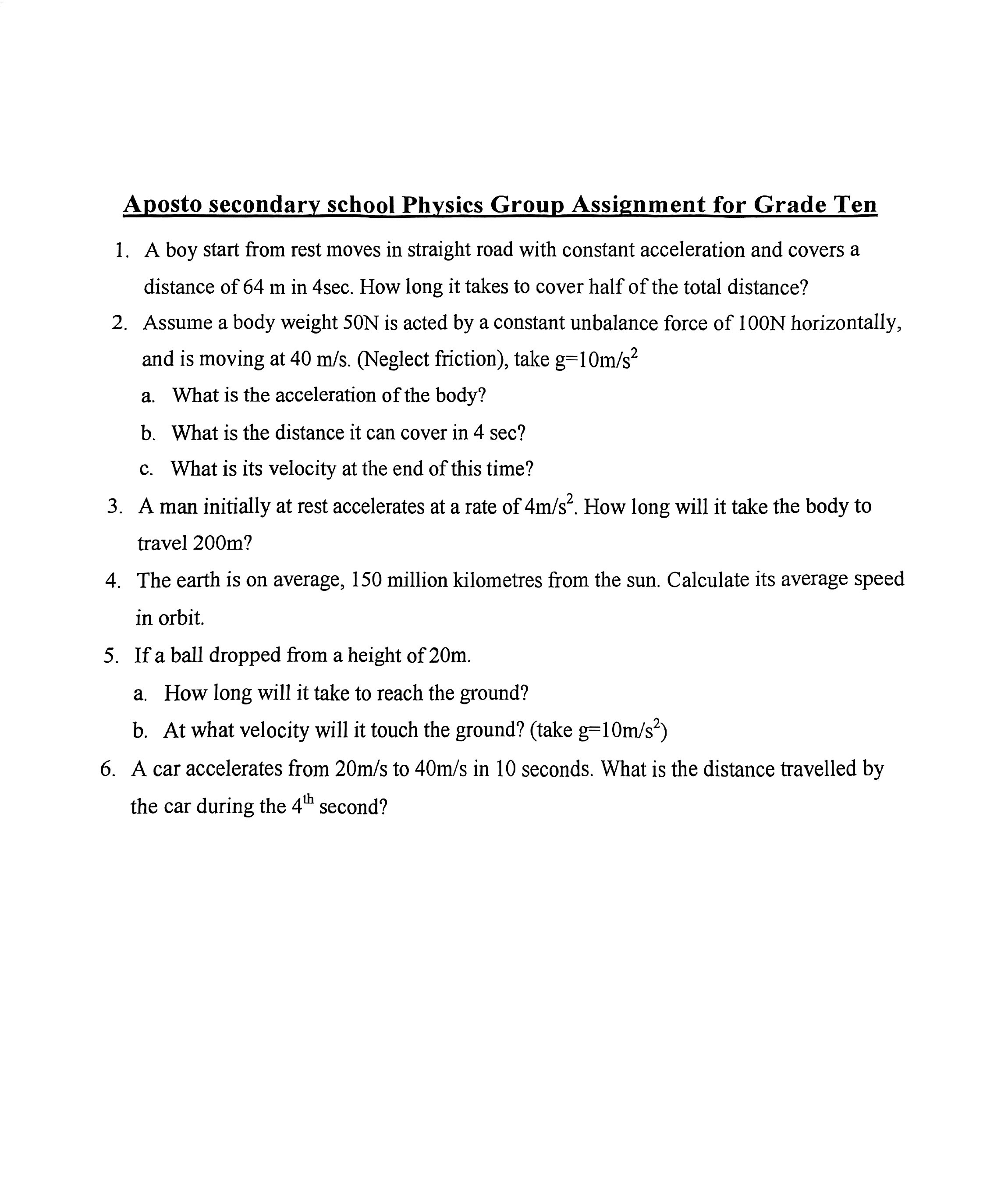 SOLVED Aposto secondary school Physics Group Assignment for Grade Ten