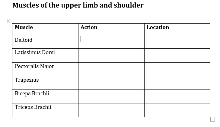 Muscles of the upper limb and shoulder Muscle Action Location Deltoid ...