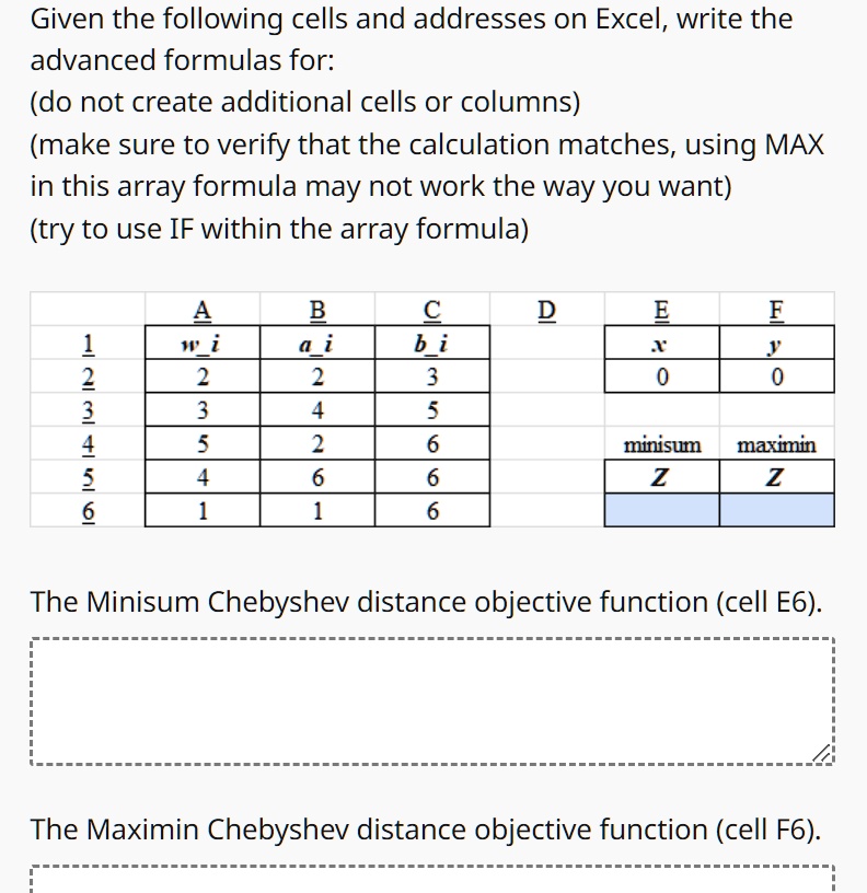 SOLVED: Texts: Given the following cells and addresses on Excel, write ...
