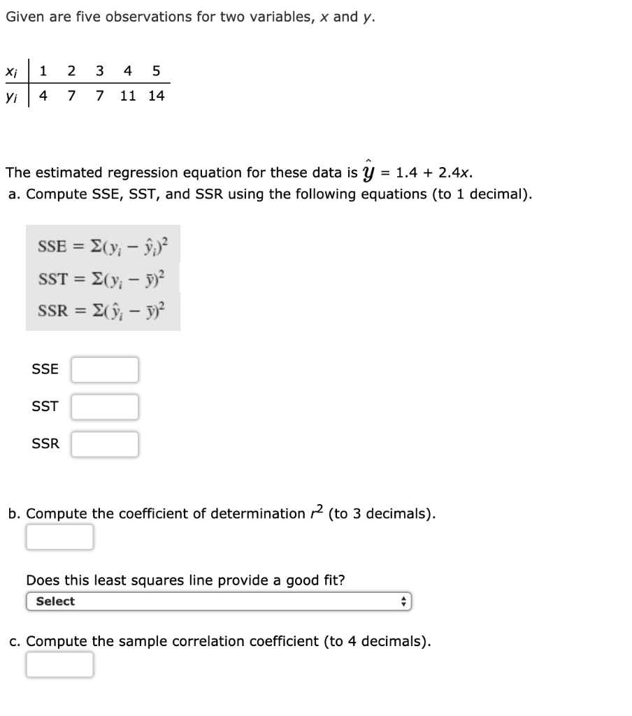 Solved Given Are Five Observations For Two Variables X And Y Xi 1 2 3 4 5 Yi 4 7 7 11 14 The