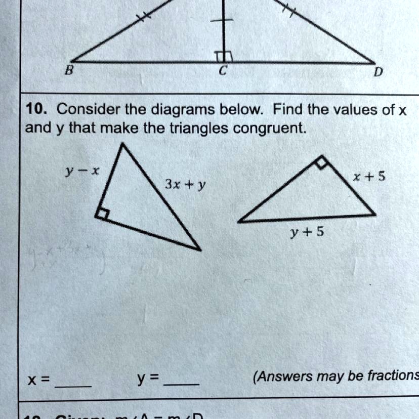 SOLVED '10. Consider the diagrams below. Find the values of x and y