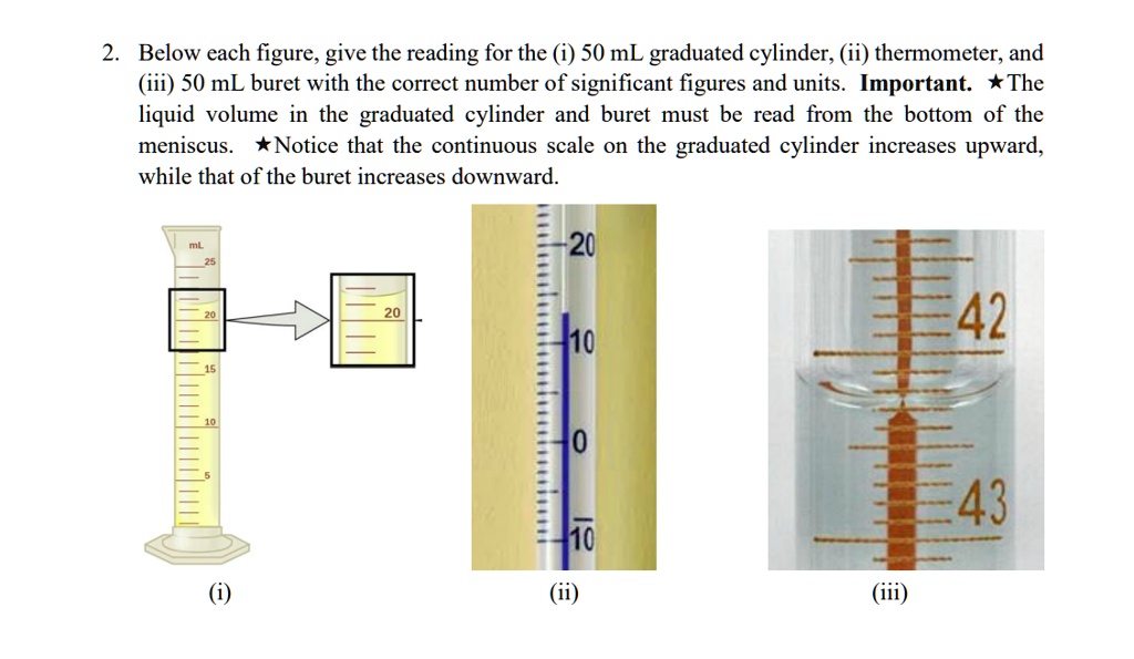 SOLVEDBelow each figure, give the reading for the 50 mL graduated cylinder; (ii) thermometer