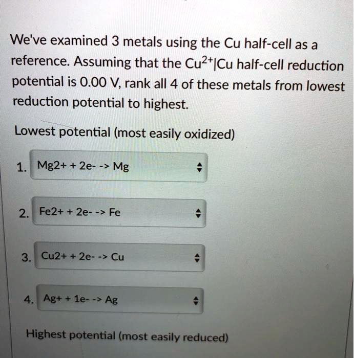 SOLVED We've examined 3 metals using the Cu halfcell as a reference