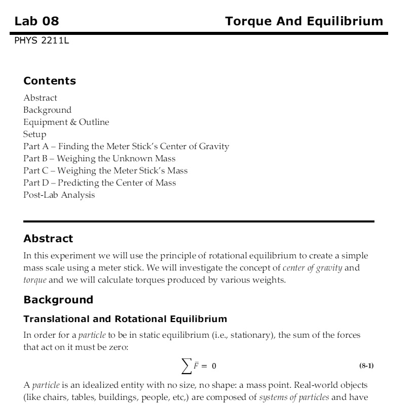 SOLVED Lab 08 Torque And Equilibrium PHYS 2211L Contents Abstract