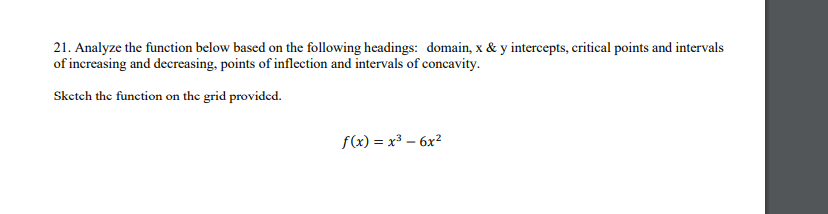 21. Analyze the function below based on the following headings: domain, x     y intercepts, critical points and intervals of increasing and decreasing, points of inflection and intervals of concavity.

Sketch the function on the grid provided.

f(x) = x³ - 6x²