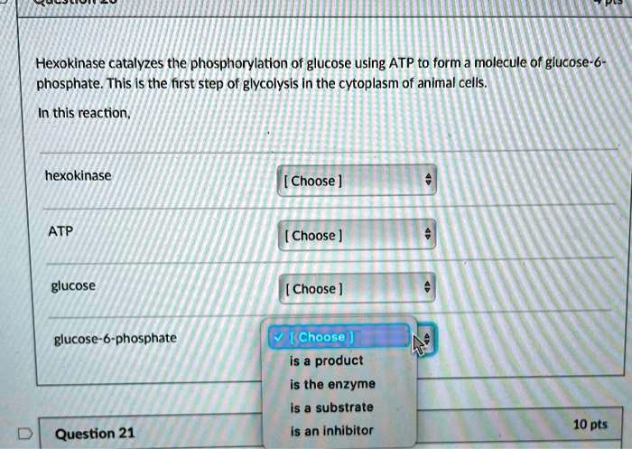 Hexokinase catalyzes the phosphorylation of glucose using ATP to form a molecule of glucose-6-phosphate. This is the first step of glycolysis in the cytoplasm of animal cells.

In this reaction,

hexokinase [Choose ]

ATP [Choose ]

glucose [Choose ]

glucose-6-phosphate [Choose ]
is a product
is the enzyme
is a substrate
is an inhibitor