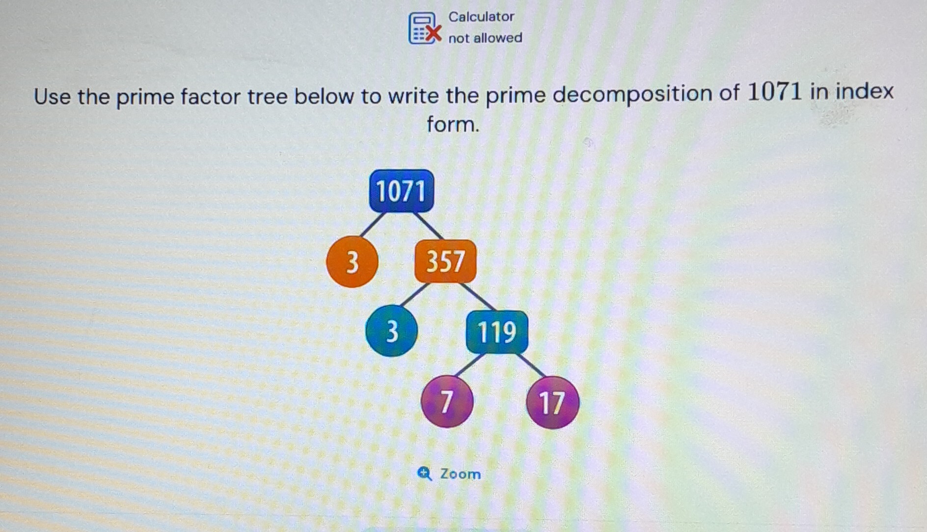 SOLVED: Calculator not allowed Use the prime factor tree below to write ...