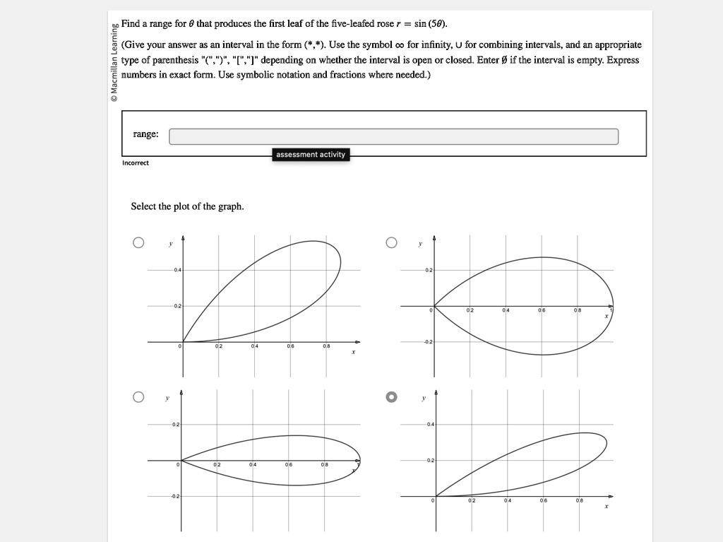 © Macmillan Learning
Find a range for θ that produces the first leaf of the five-leafed rose r = sin(5θ).
(Give your answer as an interval in the form (*,*). Use the symbol ∞ for infinity, U for combining intervals, and an appropriate
type of parenthesis "(", ")", "[", "]" depending on whether the interval is open or closed. Enter ∅ if the interval is empty. Express
numbers in exact form. Use symbolic notation and fractions where needed.)
range:
Incorrect
Select the plot of the graph.