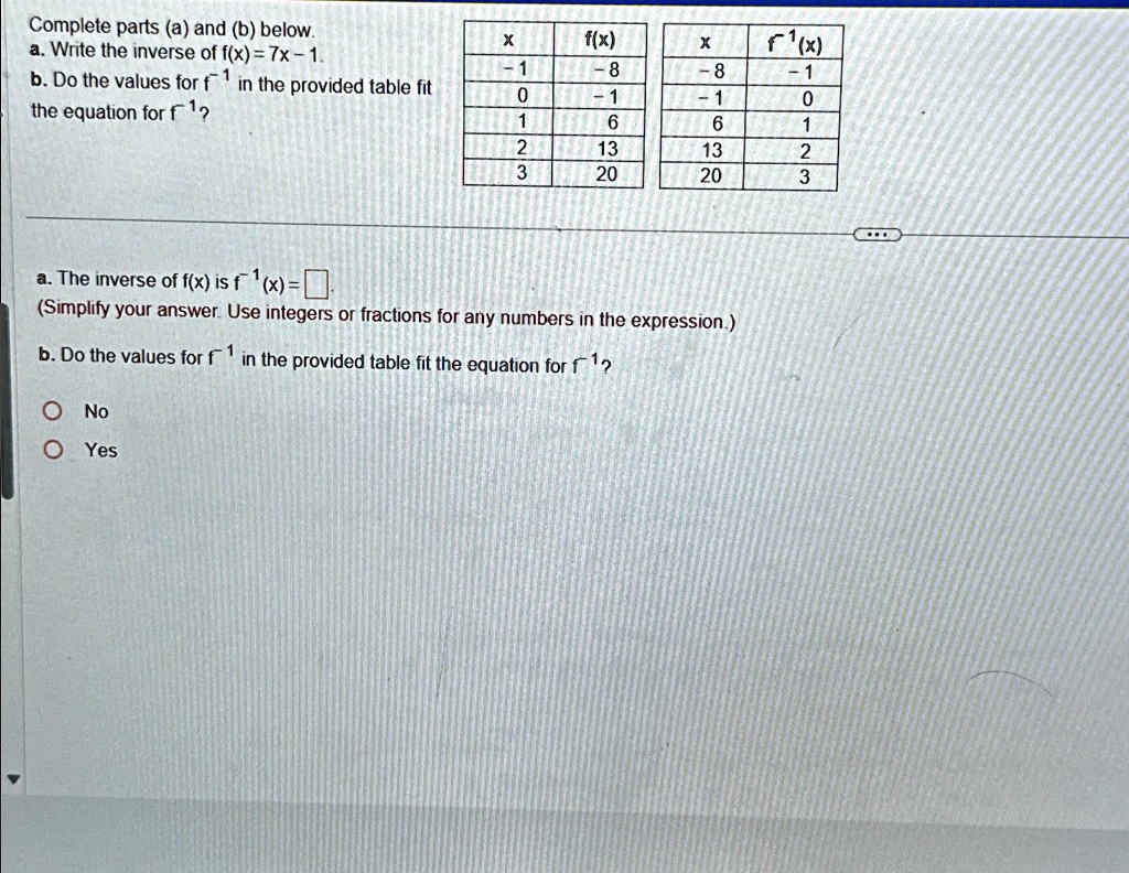complete parts a and b below a write the inverse of fx 7x 1 b do the values for f 1 in the provided table fit the equation for f 1 beginarraycc hline x fx hline 8 1 1 0 6 13 13 20 20 hline e 66187