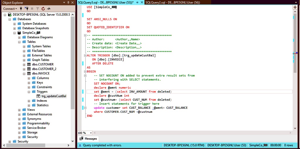 Object Explorer Connect Databases DESKTOP-BPE5GNL (SQL...