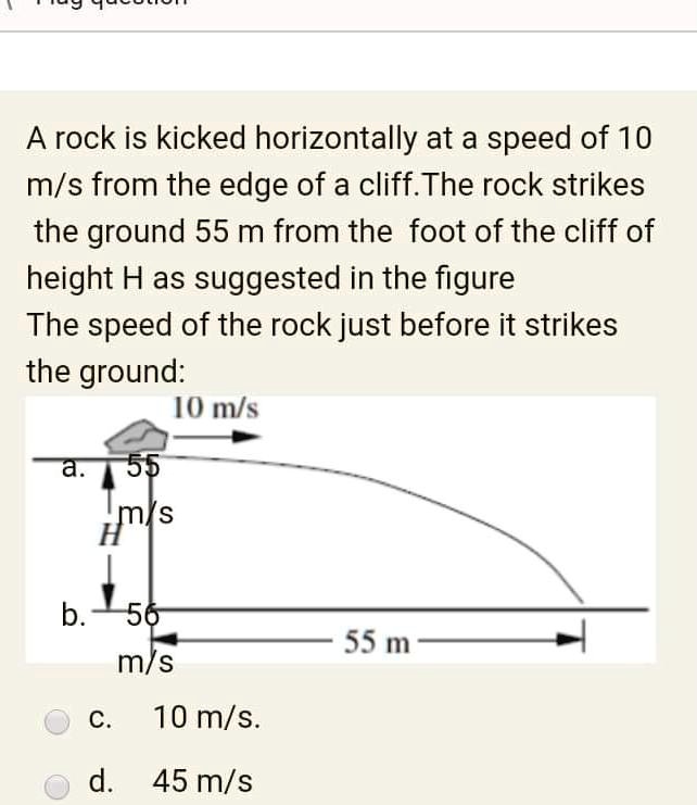 A rock is kicked horizontally at a speed of 10 m/s from the edge of a
