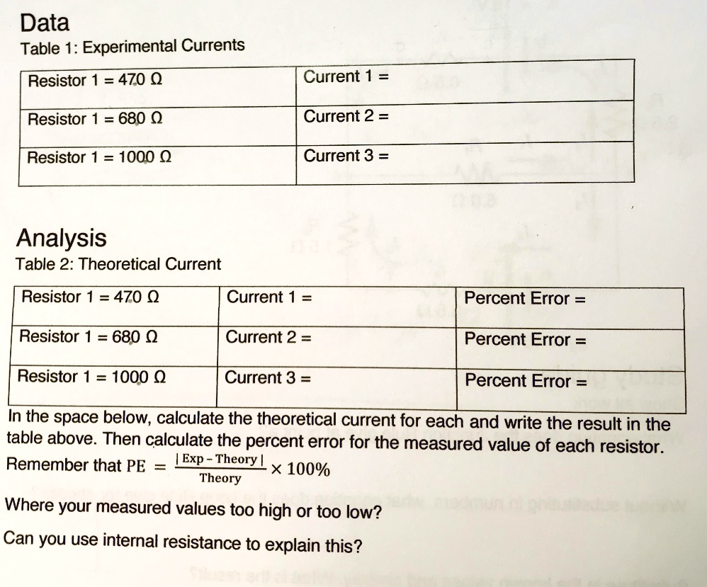 SOLVED Data Table 1 Experimental Currents Resistor 470 Q Current Resistor 680 Q Current 2