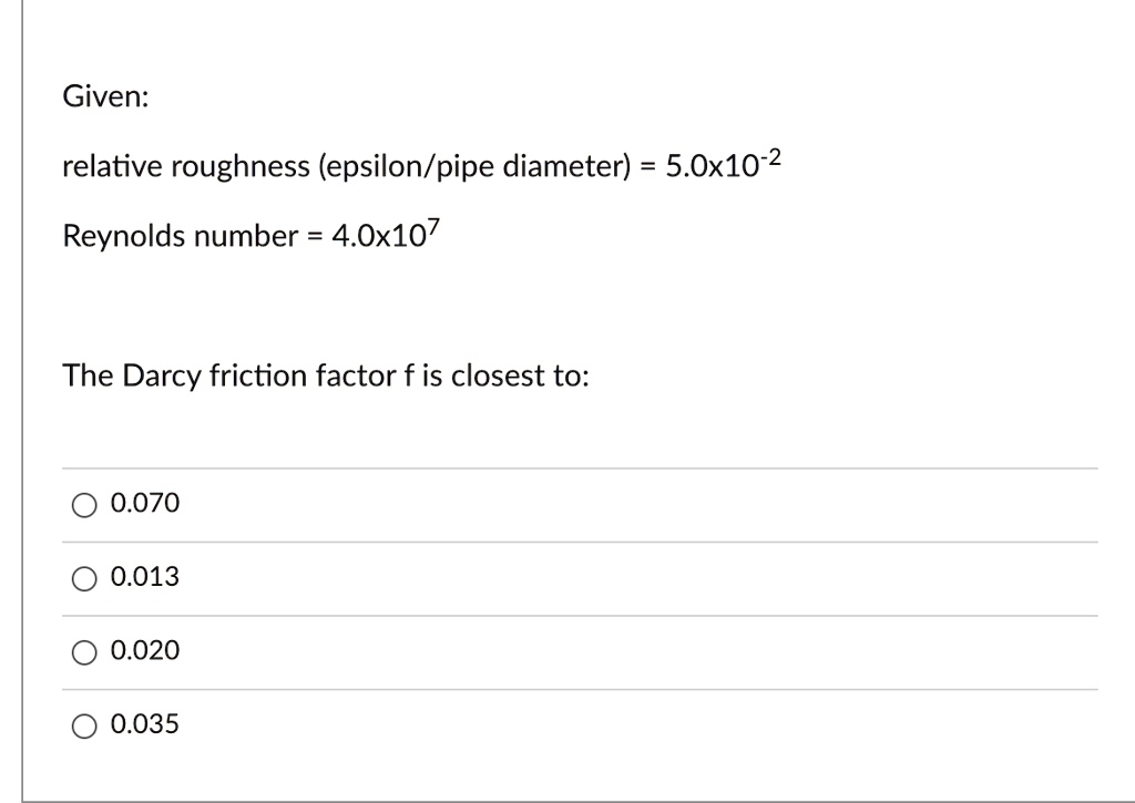 VIDEO solution Given Relative roughness (epsilon/pipe diameter) = 5