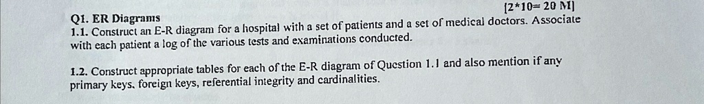 [2*10=20 M] Q1. ER Diagrams 1.1. Construct an E-R diagram for a ...