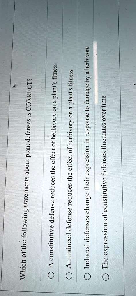 Which of the following statements about plant defenses is CORRECT?
A constitutive defense reduces the effect of herbivory on a plant's fitness
An induced defense reduces the effect of herbivory on a plant's fitness
Induced defenses change their expression in response to damage by a herbivore
The expression of constitutive defenses fluctuates over time