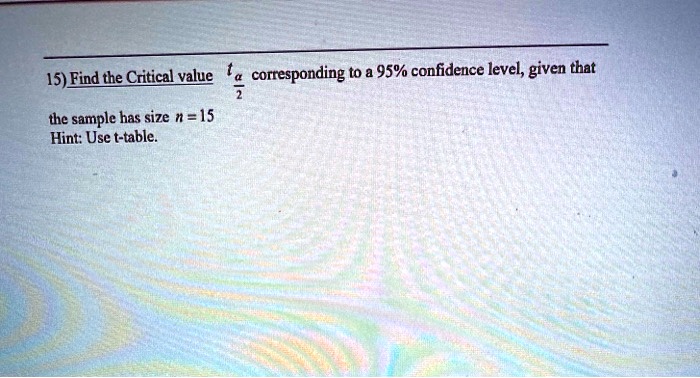 Find the Critical value talpha/2 corresponding to a 95% confidence level, given that the sample has size n = 15
Hint: Use t-table.