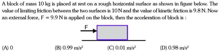 A block of mass 10 kg is placed at rest on a rough horizontal surface as shown in figure below. The value of limiting friction between the two surfaces is 10N and the value of kinetic friction is 9.8 N. Now an external force, F = 9.9 N is applied on the block, then the acceleration of block is:
(A) 0
(B) 0.99 m/s²
(C) 0.01 m/s²
(D) 0.98 m/s²