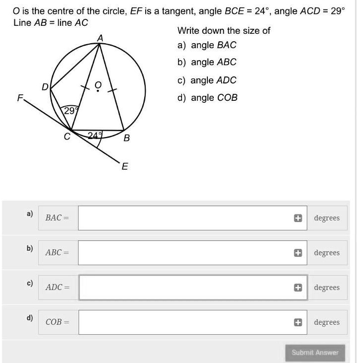 O is the centre of the circle, EF is a tangent, angle BCE = 24°, angle ...