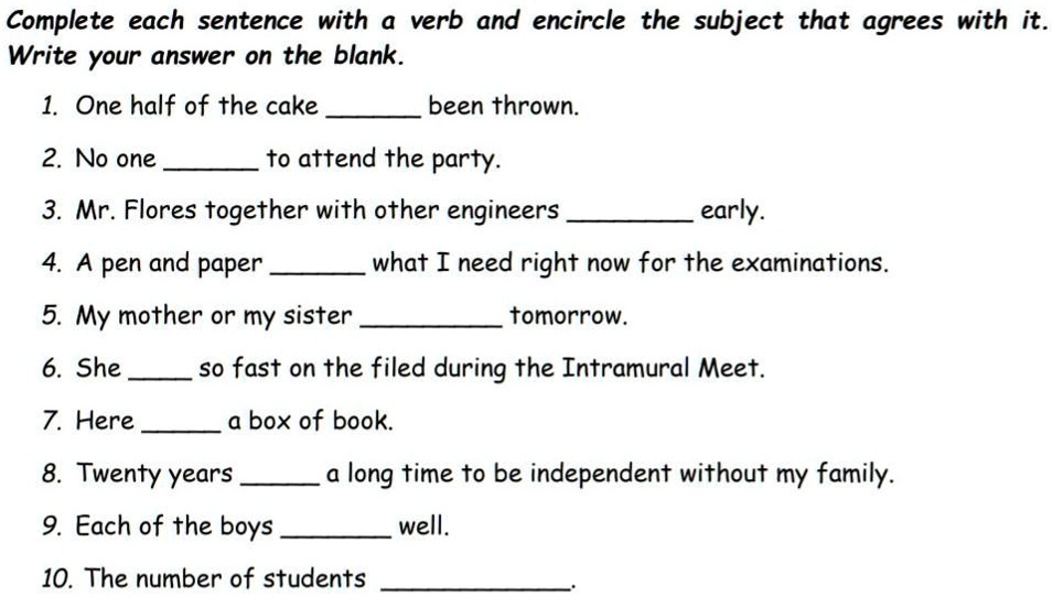 'Complete each sentence with a verb and encircle the subject that ...