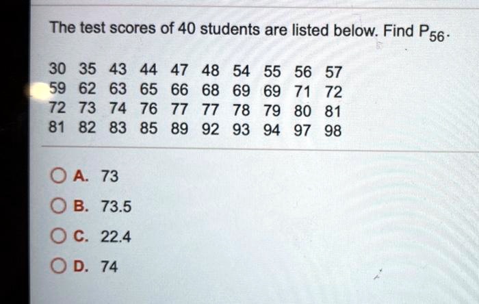 SOLVED: The test scores of 40 students are listed below. Find P56 