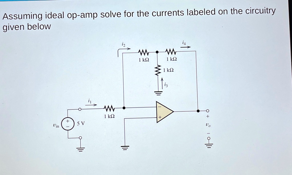 SOLVED: Assuming ideal op-amp solve for the currents labeled on the ...