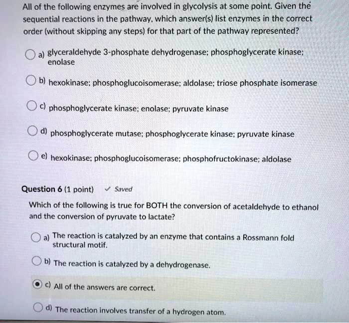 All of the following enzymes are involved in glycolysis at some point. Given the sequential reactions in the pathway, which answer(s) list enzymes in the correct order (without skipping any steps) for that part of the pathway represented?

a) glyceraldehyde 3-phosphate dehydrogenase; phosphoglycerate kinase; enolase
b) hexokinase; phosphoglucoisomerase; aldolase; triose phosphate isomerase
c) phosphoglycerate kinase; enolase; pyruvate kinase
d) phosphoglycerate mutase; phosphoglycerate kinase; pyruvate kinase
e) hexokinase; phosphoglucoisomerase; phosphofructokinase; aldolase

Question 6 (1 point)
Which of the following is true for BOTH the conversion of acetaldehyde to ethanol and the conversion of pyruvate to lactate?

a) The reaction is catalyzed by an enzyme that contains a Rossmann fold structural motif.
b) The reaction is catalyzed by a dehydrogenase.
c) All of the answers are correct.
d) The reaction involves transfer of a hydrogen atom.