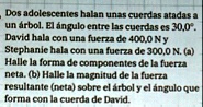 dos adolescentes halan unas cuerdas atadas a un arbol el angulo entre les cuerdes es 300deg david hala con una fuerza de 4000ny stephanie hala con una fuerza de 3000n a halle la forma de com 09258