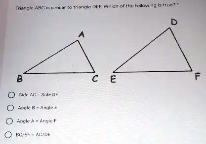 Triangle ABC is similar to triangle DEF. Which of the following is true?
Side AC = Side DF
Angle B = Angle E
Angle A = Angle F
BC/EF = AC/DE