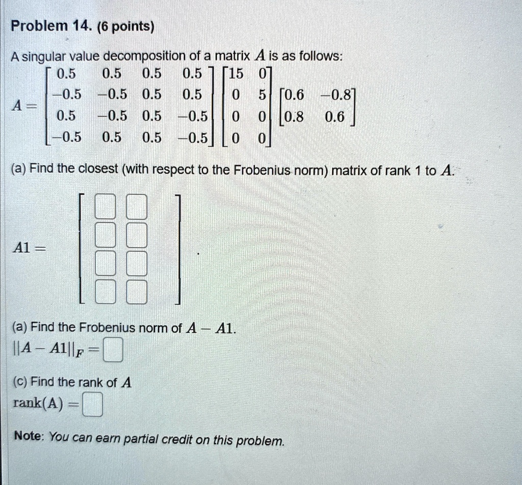 problem 14 6 points a singular value decomposition of a matrix a is as follows a05050505 05 05050505 0505 05 050505 0515005000006 080806 a find the closest with respect to the frobenius norm 89341