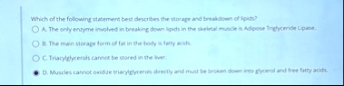 which of the following statement best describes the storage and breakdown of lipids a the only enzyme involved in breaking down lipids in the skeletal muscle is adipose triglyceride lipase b 47523