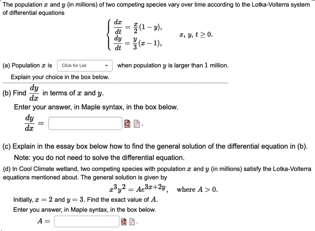 SOLVED: The Population â‚¬ And Y (in Millions) Of Two Competing Species ...